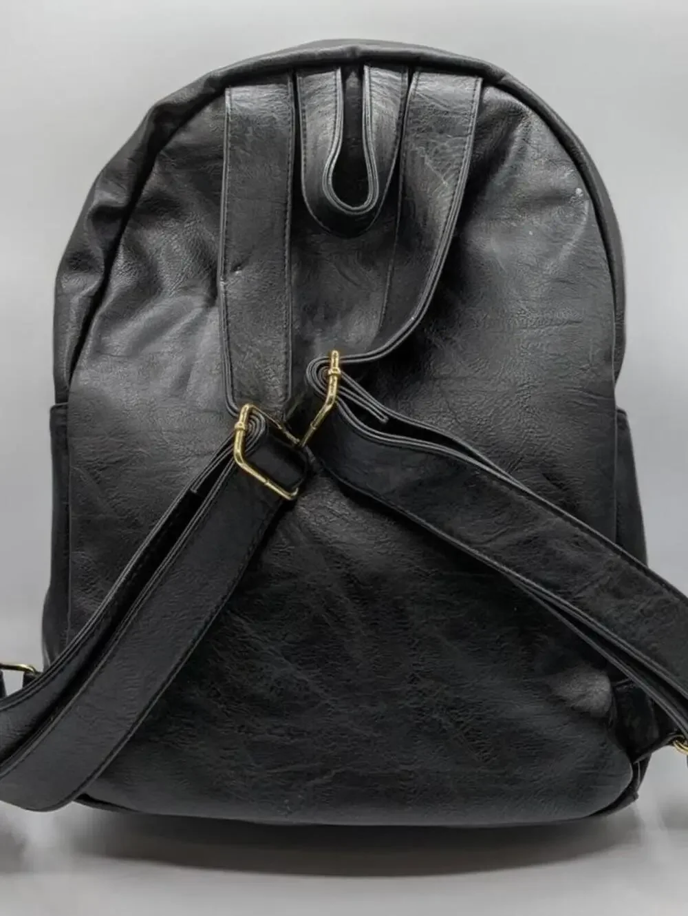 Madden Girl Solid Black Leather Structured Multi Pocket Backpack 90s Y2K 2000s